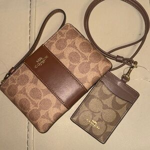 Coach Tan and Brown Signature Wristlet and Card Holder